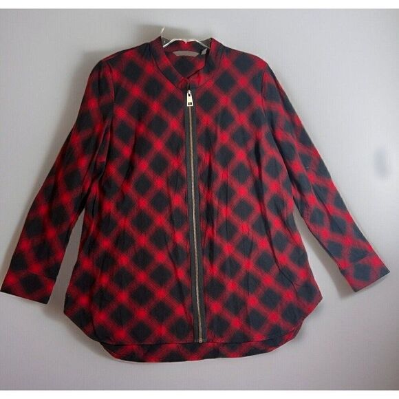 Soft Surroundings LG Manchester Tunic Red Black Buffalo Plaid Full Zip Shacket. - Picture 1 of 8